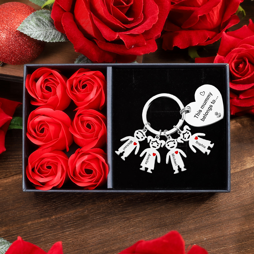 Personalised Heart Keychain With 4 Kid Charms "This Mummy Belongs to" Mother's Day Gifts For Mum