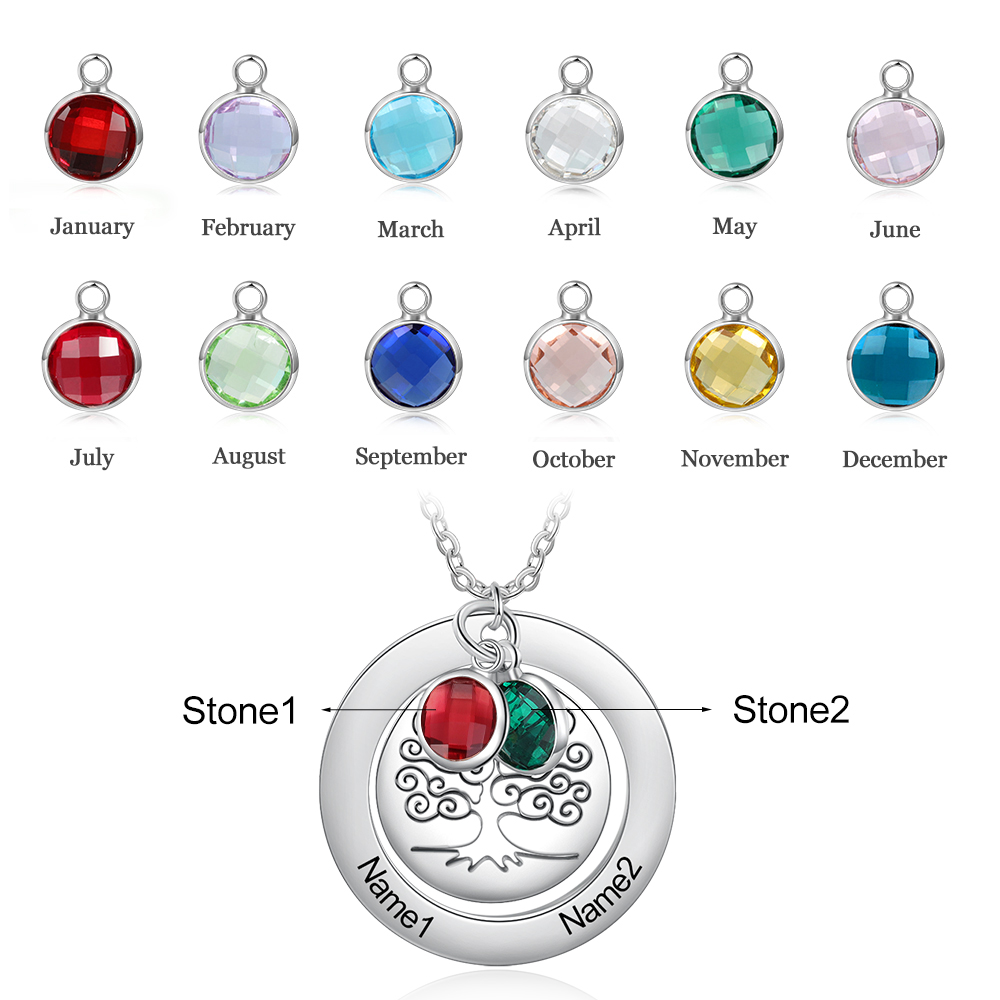Personalised Family Tree Necklace with 2 Birthstones Engraved Names Gift For Women-Jessemade AU
