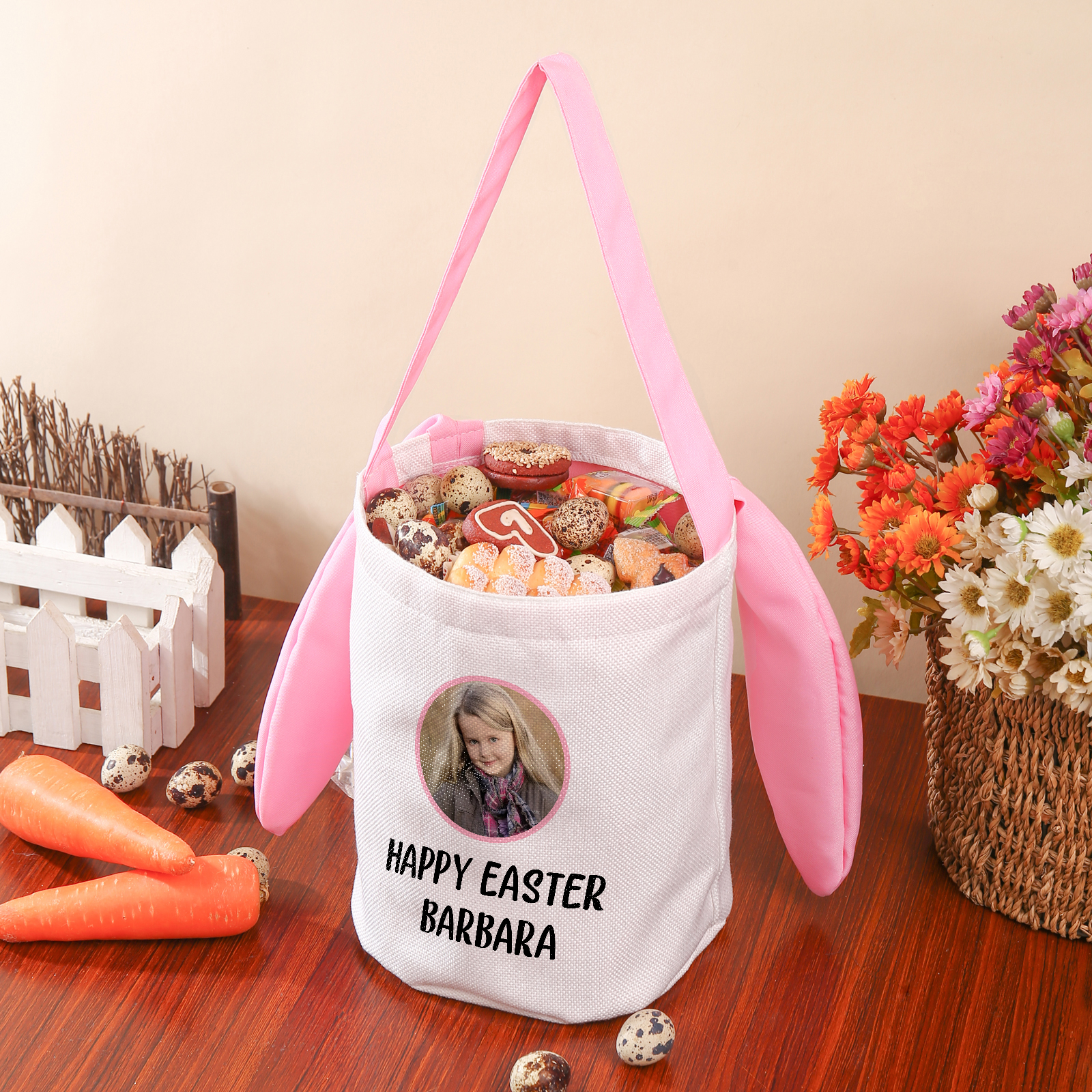 Personalised Photo Bunny Tote Bag Custom Name & Text Bucket Bag Bunny Basket Easter Gifts-Jessemade AU