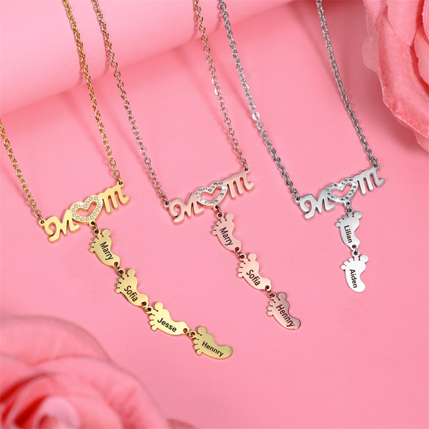 Mother Necklace with 4 Baby Feet Pendants Engraved 4 Names Rose Gift Set