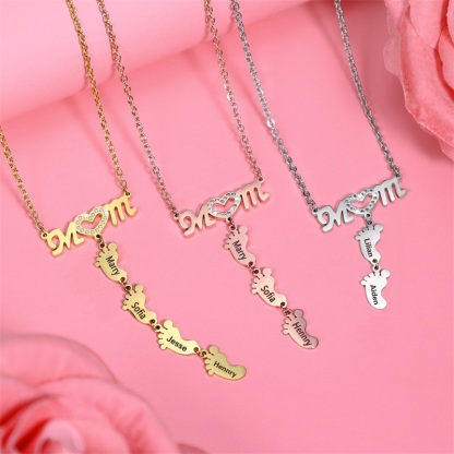 Mother Necklace with 4 Baby Feet Pendants Engraved 4 Names Rose Gift Set