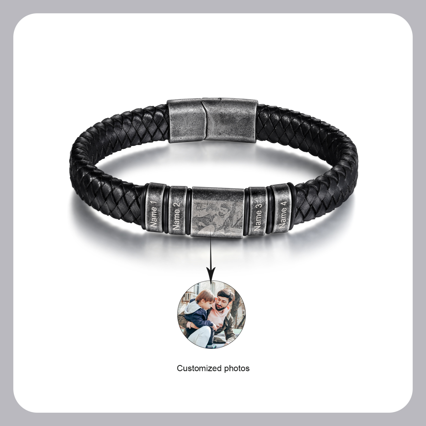 4 Names - Personalised Men's Leather Braided Bracelet Customised Name & Photo Bracelet Vintage Gift for Him-Jessemade AU