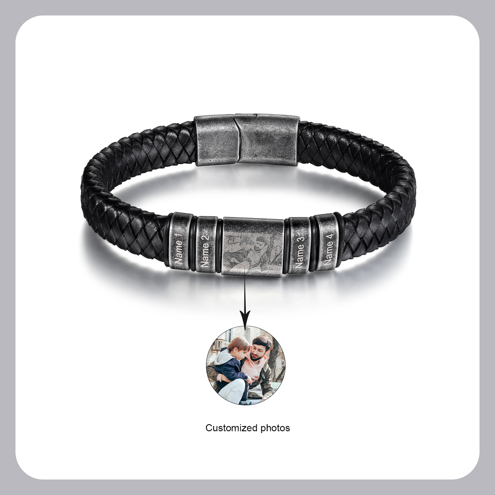 4 Names - Personalised Men's Leather Braided Bracelet Customised Name & Photo Bracelet Vintage Gift for Him-Jessemade AU