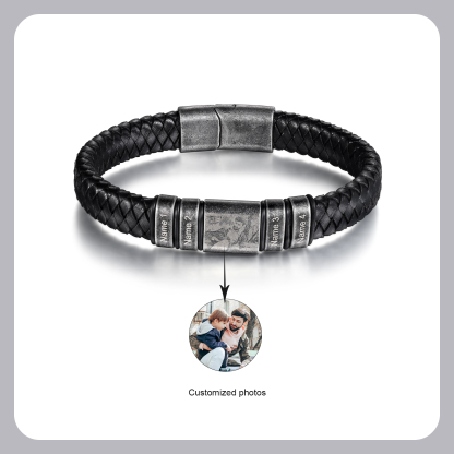 4 Names - Personalised Men's Leather Braided Bracelet Customised Name & Photo Bracelet Vintage Gift for Him-Jessemade AU