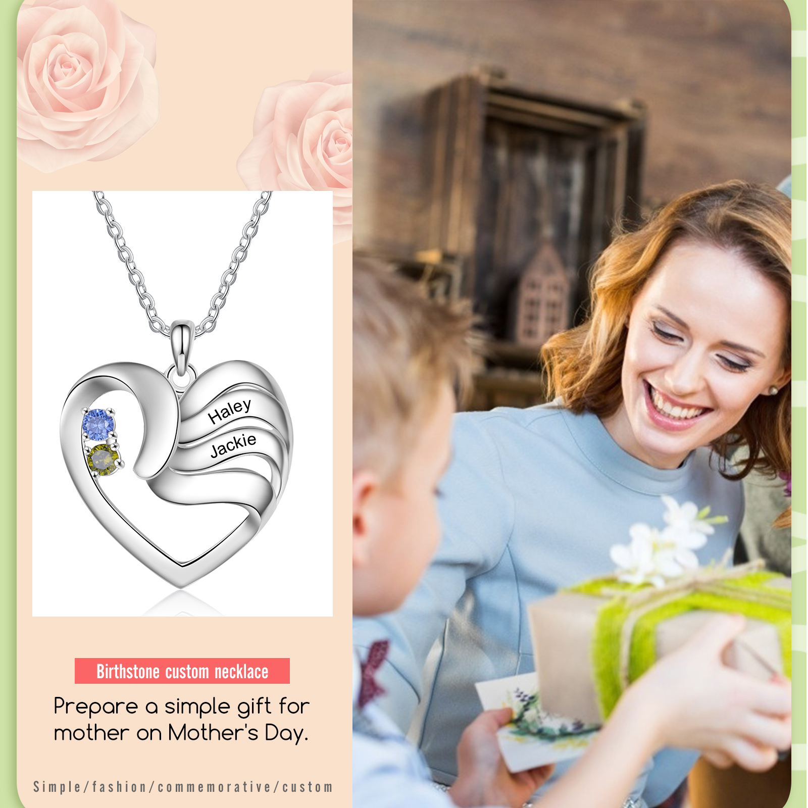 Personalised Heart Necklace With 2 Birthstones Engraved Names Gift For Women-Jessemade AU