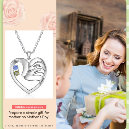 Personalised Heart Necklace With 2 Birthstones Engraved Names Gift For Women-Jessemade AU