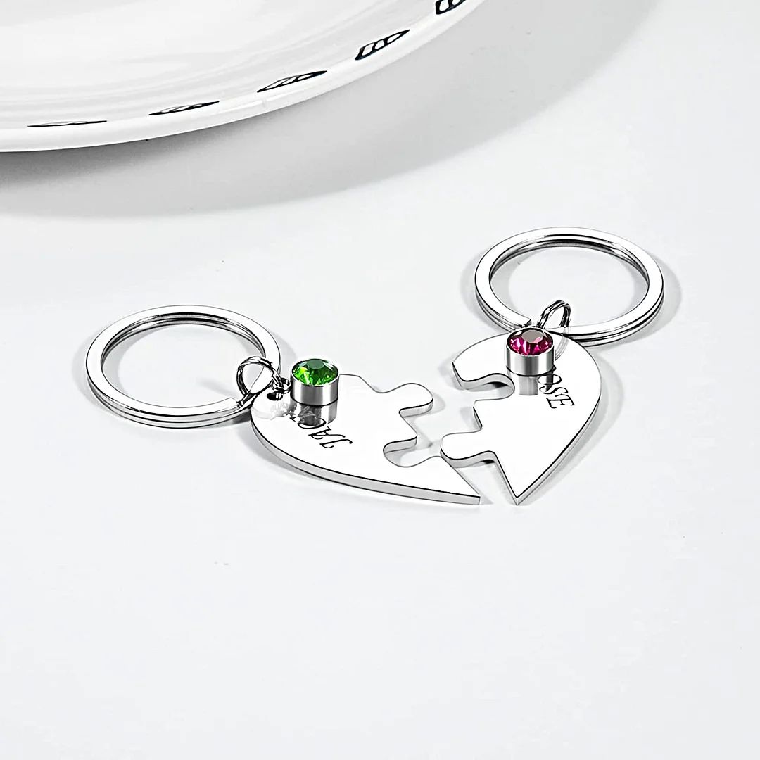Personalised 2 Names Heart Puzzle Keychain with Birthstone Back to School Gifts for Kids-Jessemade AU