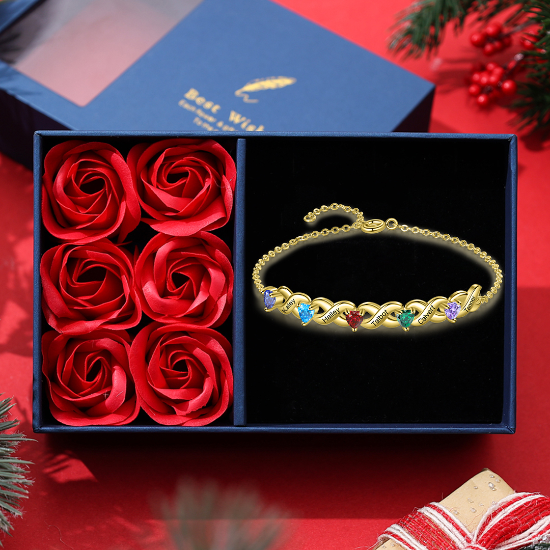 Family Custom Bracelet Heart Personalised with 5 Birthstones Gift Box Set-Jessemade AU