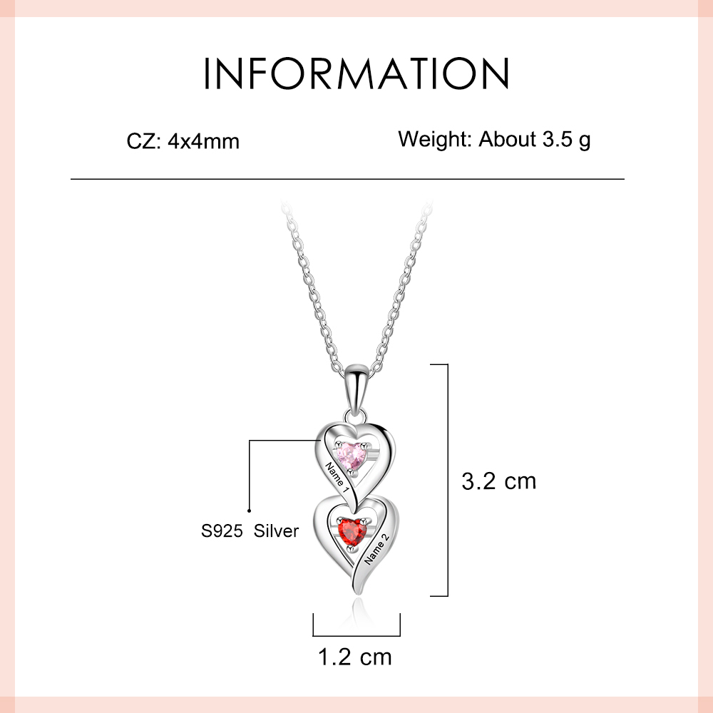 Personalised Heart Necklace With 2 Birthstones Engraved Names Necklace Gift For Women-Jessemade AU