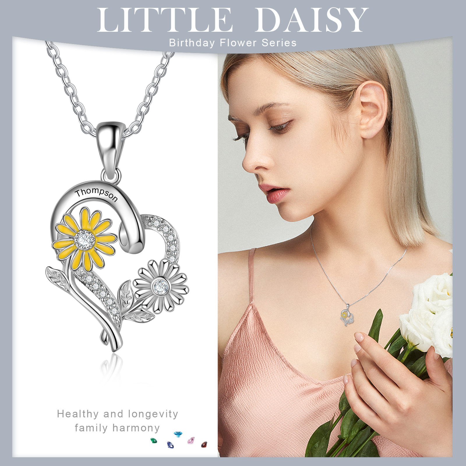 Personalised April Birthflower Necklace With Birthstones Custom 1 Name Necklace For Her-Jessemade AU
