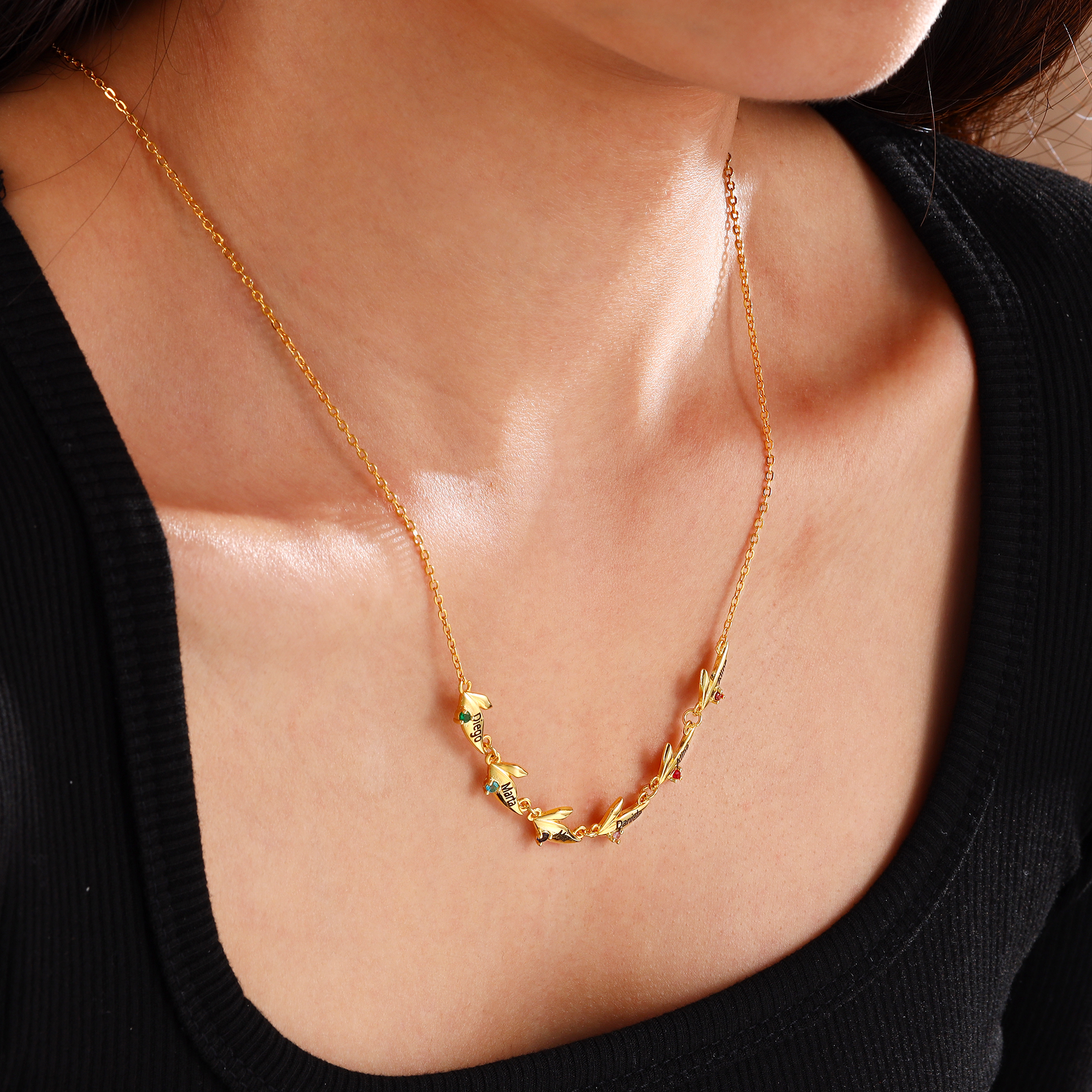 Personalised Leaves Pendant Necklace Custom 2 Names & 2 Birthstones Necklace Gifts for Her-Jessemade AU