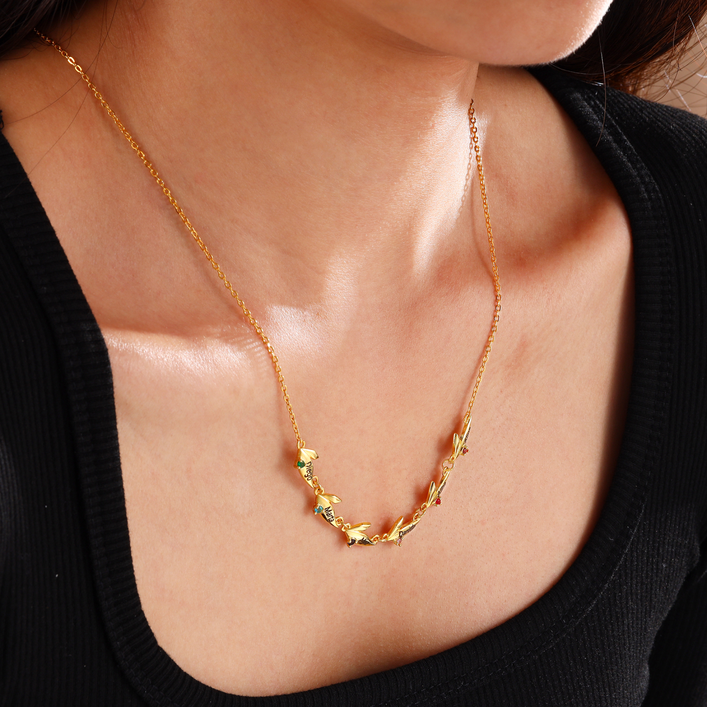 Personalised Leaves Pendant Necklace Custom 2 Names & 2 Birthstones Necklace Gifts for Her-Jessemade AU