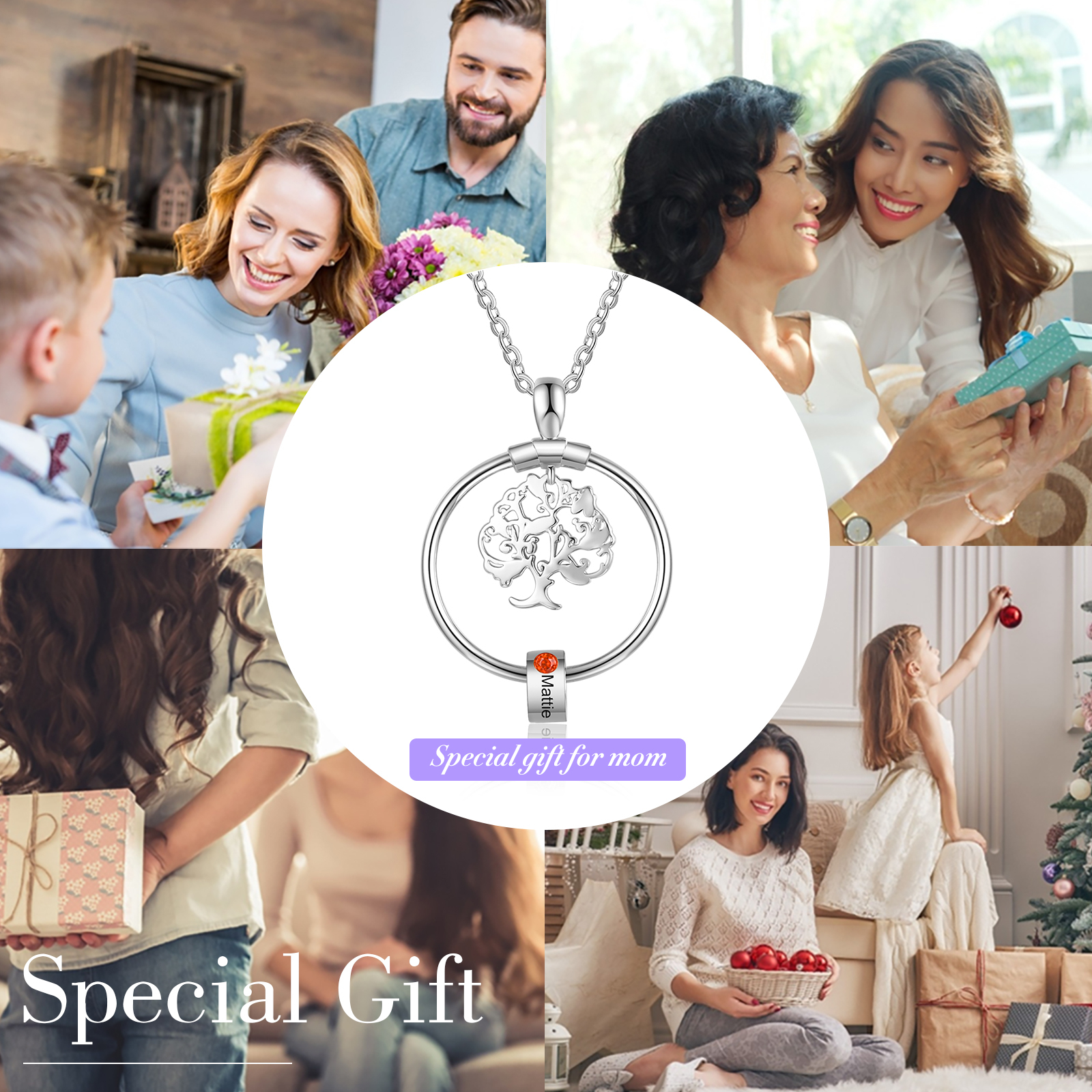 Personalised Family Tree Necklace With 1 Birthstones Engraved Names Gift For Mother-Jessemade AU