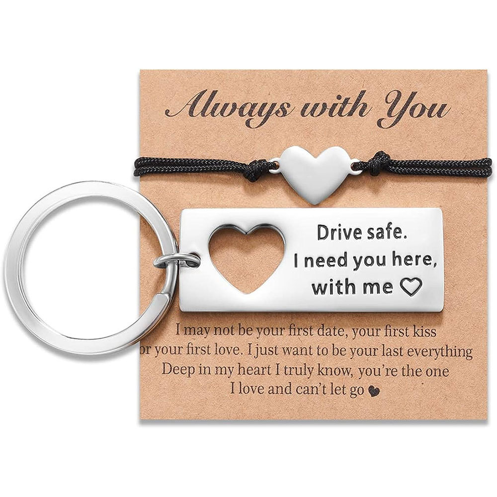Matching Keychain Bracelet Set Heart Keychain Adjustable Bracelet with Message Card Gifts for Couple - Drive Safe I Need You Here With Me-Jessemade AU