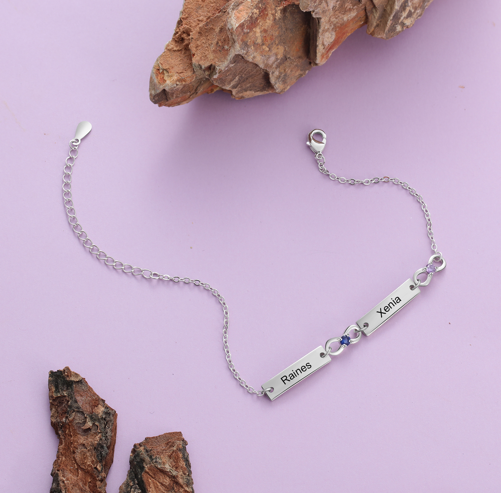 Personalised Bracelet With 2 Birthstones Engraved Names Bracelet Gift For Women-Jessemade AU