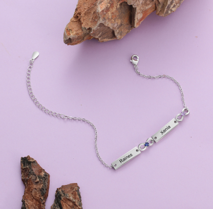 Personalised Bracelet With 2 Birthstones Engraved Names Bracelet Gift For Women-Jessemade AU