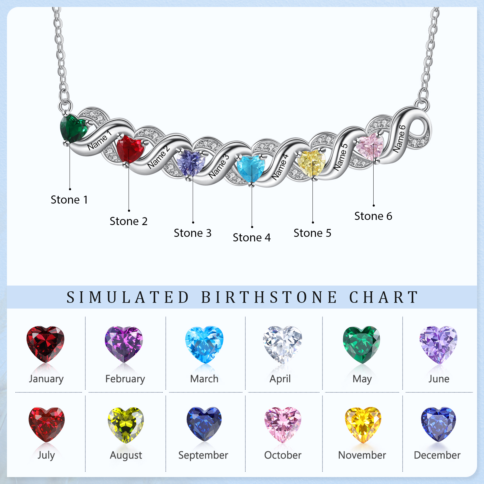 Personalised Heart Birthstone Necklace Custom 6 Names Overlap Necklace Gifts for Her-Jessemade AU