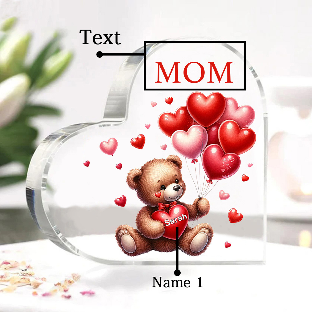 1 Name - Personalised Acrylic Heart Keepsake Custom Text Teddy Bear Balloon Ornaments Gifts for Grandma/Mother-Jessemade AU
