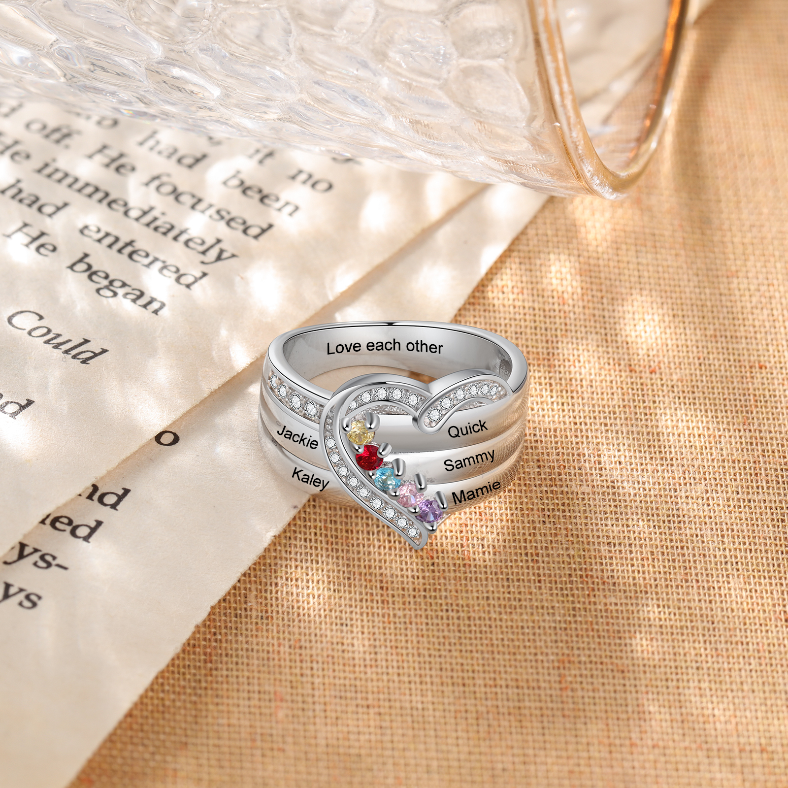 S925 Silver Personalised Mother Ring with 5 Birthstones Heart Family Ring-Jessemade AU