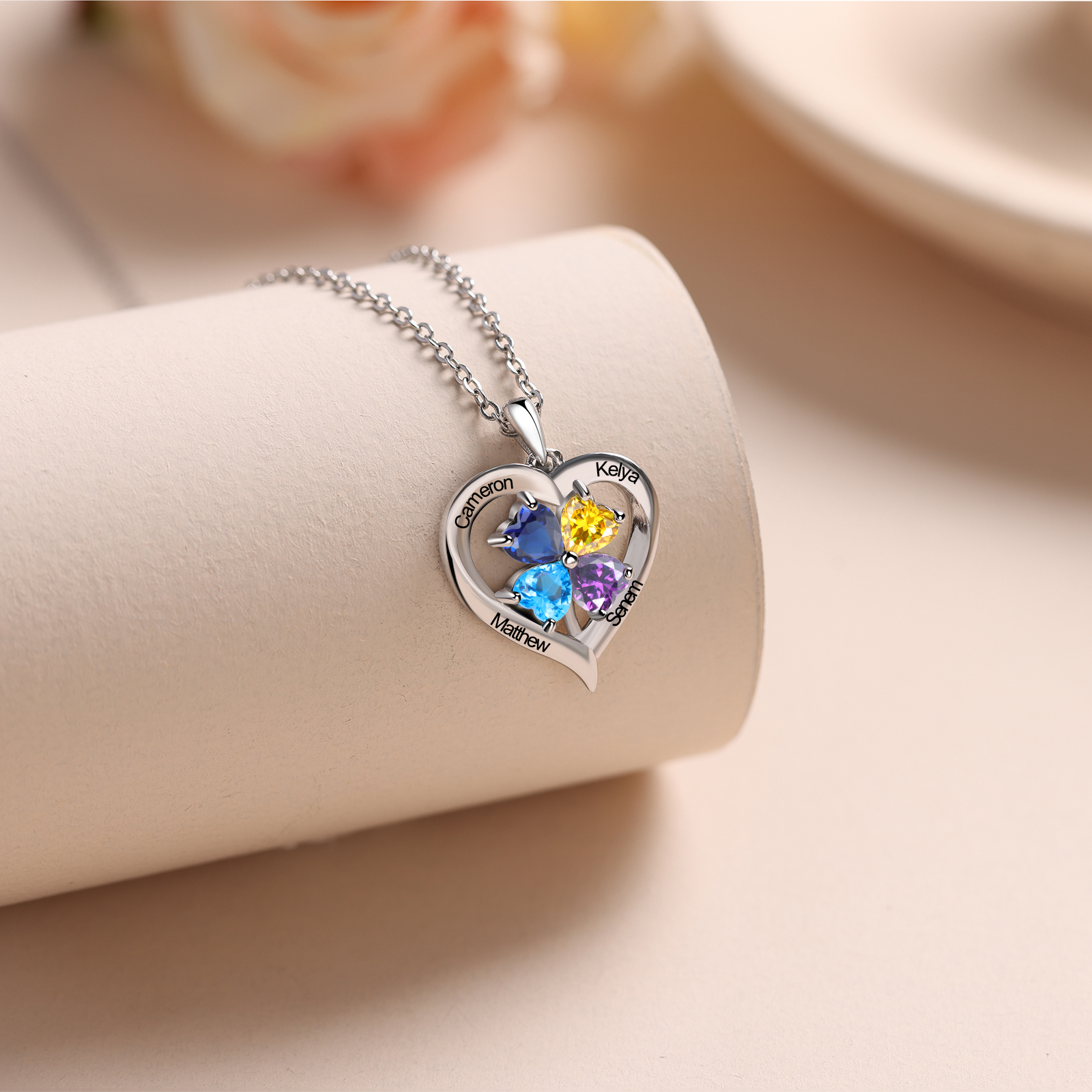 Personalised Heart Necklace with 4 Birthstones Engrave Names Family Necklace for Mom-Jessemade AU