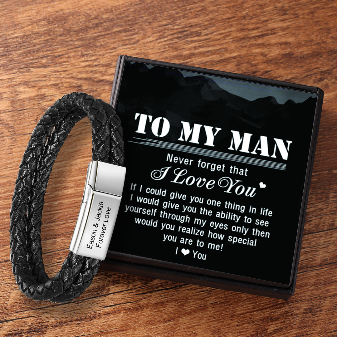 Men Leather Bracelet Engraved Bar Name Bracelet Gift For Him-Jessemade AU