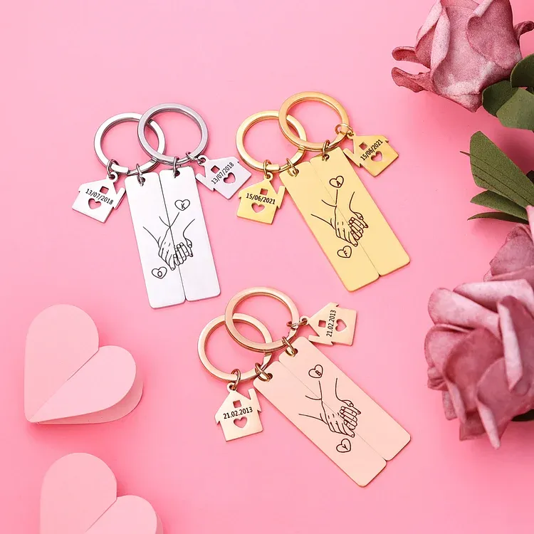 Holding Hands Couple Keychain Set Personalised Date Initial Matching Couple Gifts-Jessemade AU