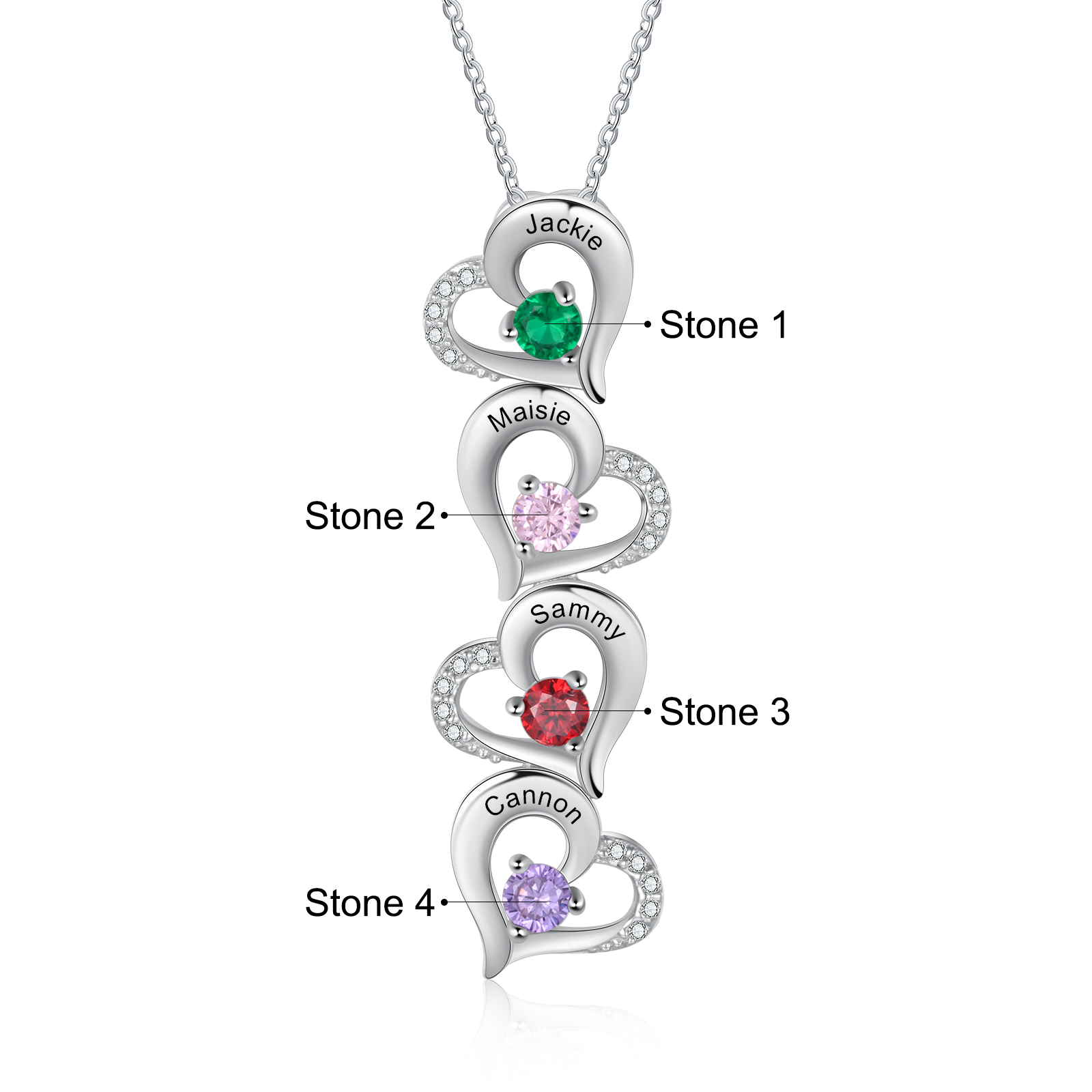 Personalised Heart Necklace With 4 Birthstones Engraved Names Gift For Her-Jessemade AU
