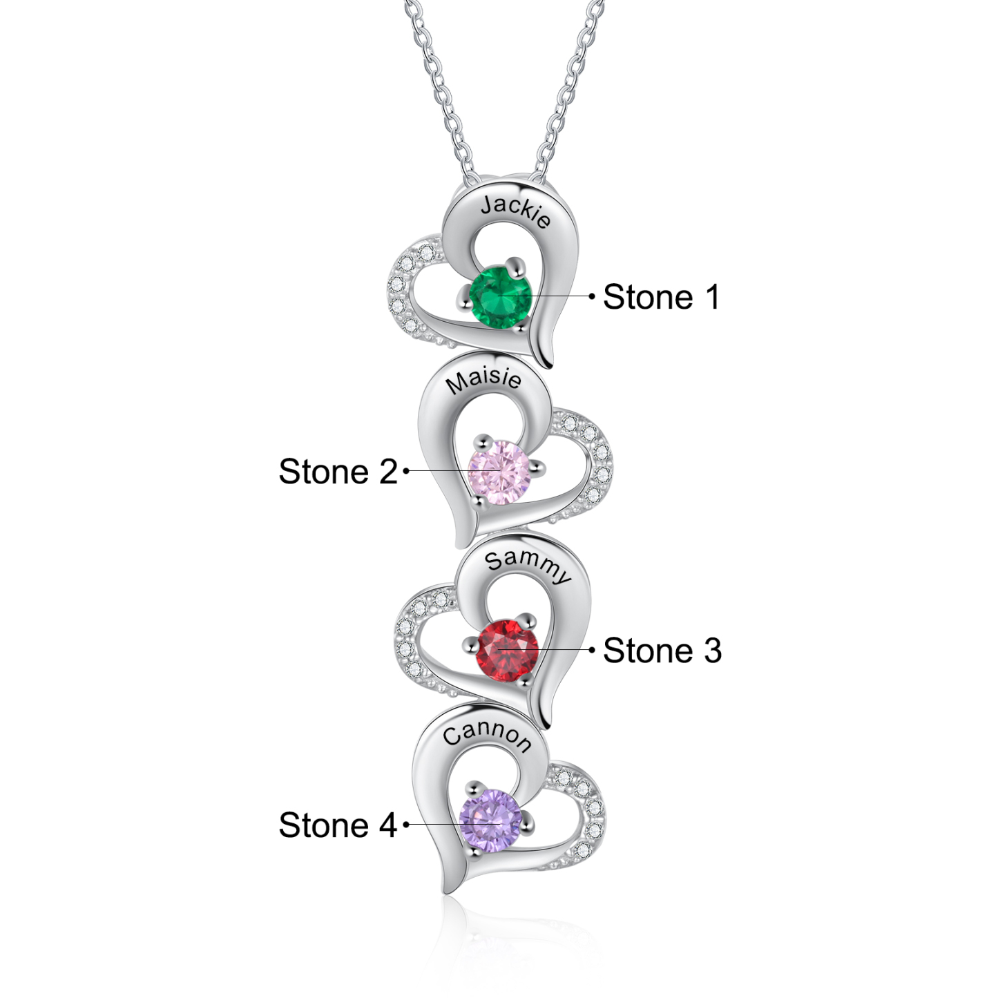 Personalised Heart Necklace With 4 Birthstones Engraved Names Gift For Her-Jessemade AU