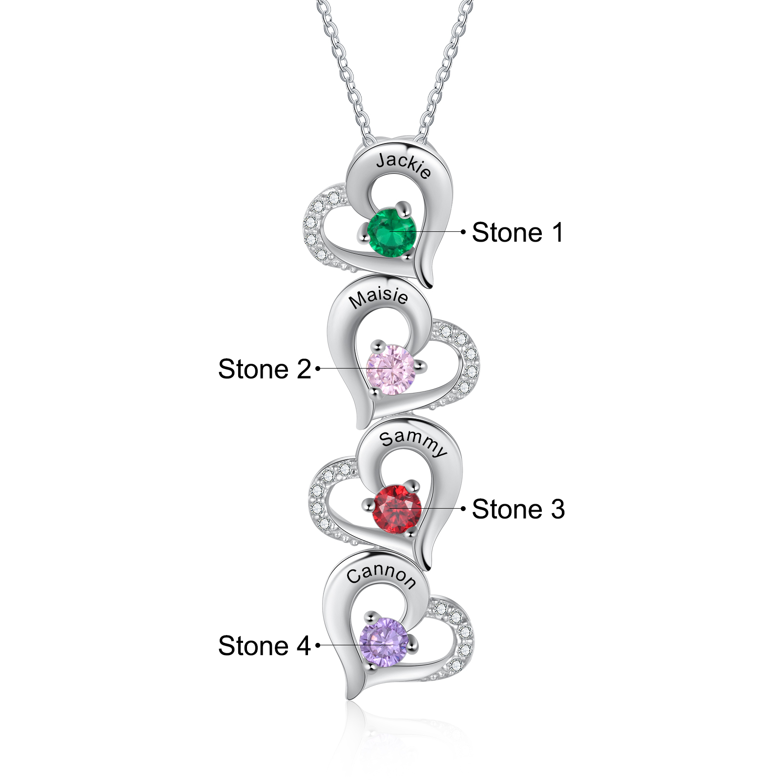 Personalised Heart Necklace With 4 Birthstones Engraved Names Gift For Her-Jessemade AU