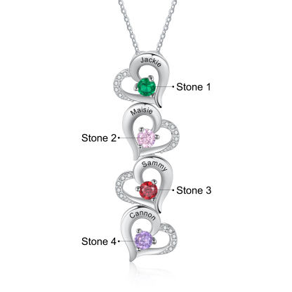 Personalised Heart Necklace With 4 Birthstones Engraved Names Gift For Her-Jessemade AU