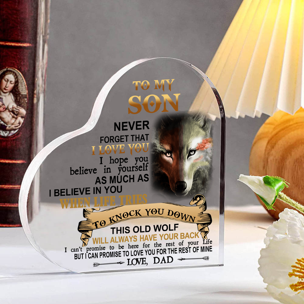 To My Son Acrylic Heart Keepsake Dad to Son Heart Ornament - This Old Wolf Will Always Have Your Back-Jessemade AU