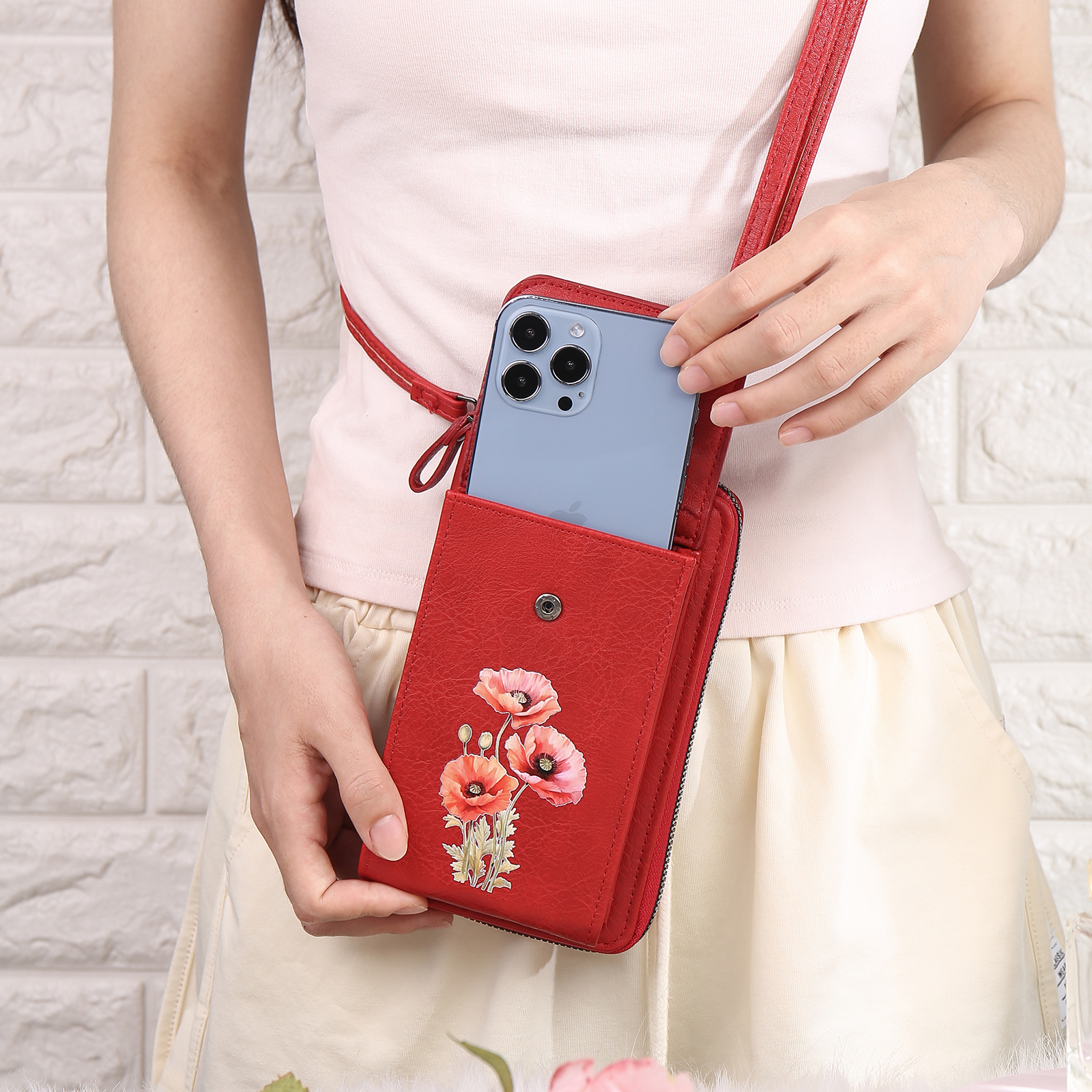 Personalised Women's Leather Wallet Custom Birthday Flower & Name Mobile Phone Wallet Zipper Crossbody Bag