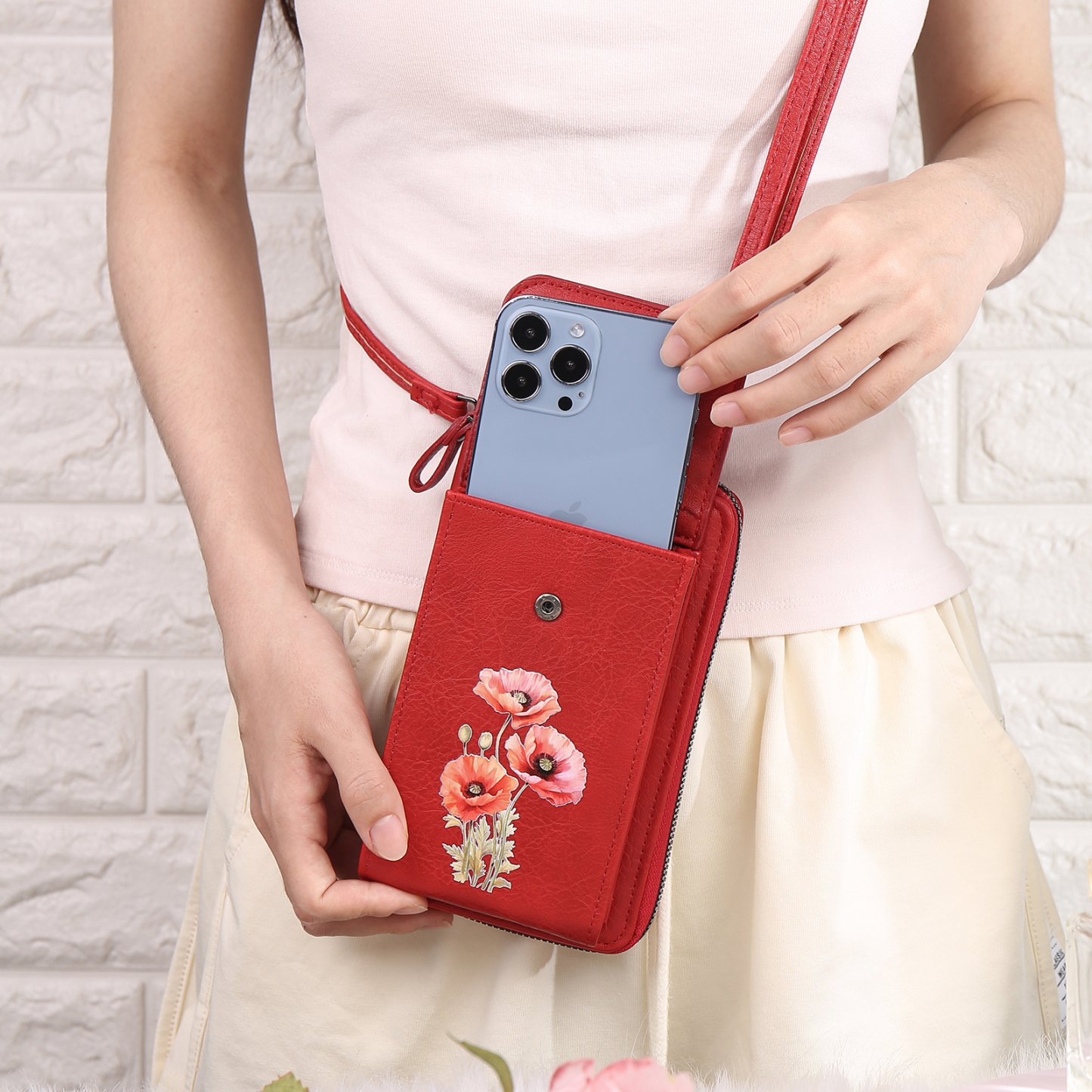 Personalised Women's Leather Wallet Custom Birthday Flower & Name Mobile Phone Wallet Zipper Crossbody Bag