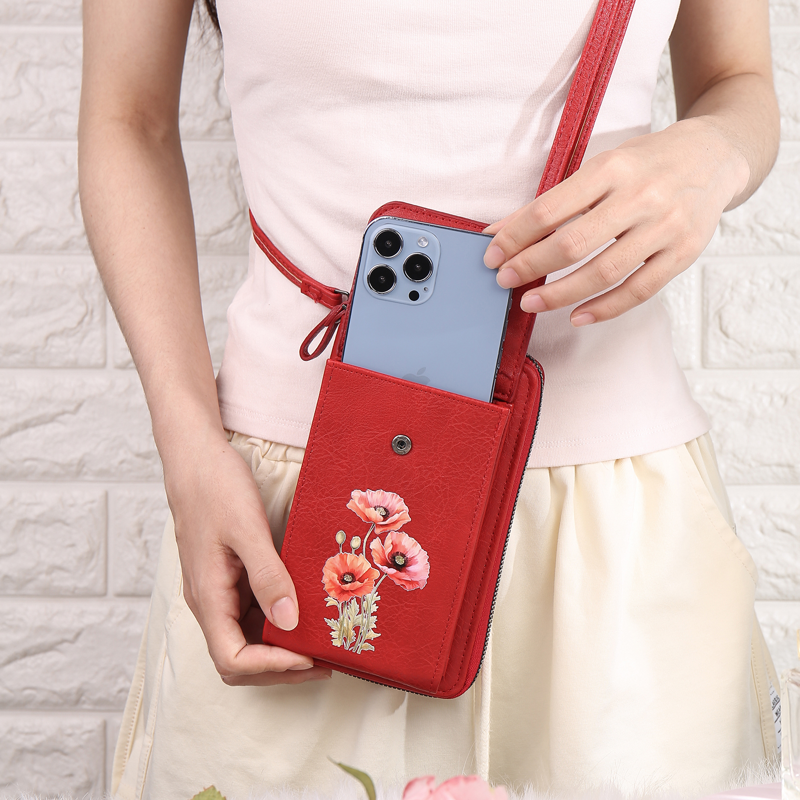 Personalised Women's Leather Wallet Custom Birthday Flower & Name Mobile Phone Wallet Zipper Crossbody Bag