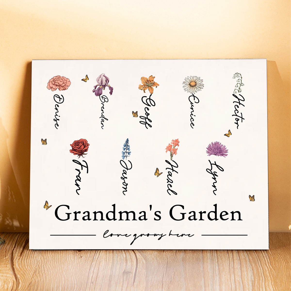 Personalised Text Wooden Plaque Custom 1–12 Birth Flowers & Names Home Decor Garden Sign Gift for Grandma - Love Grows Here