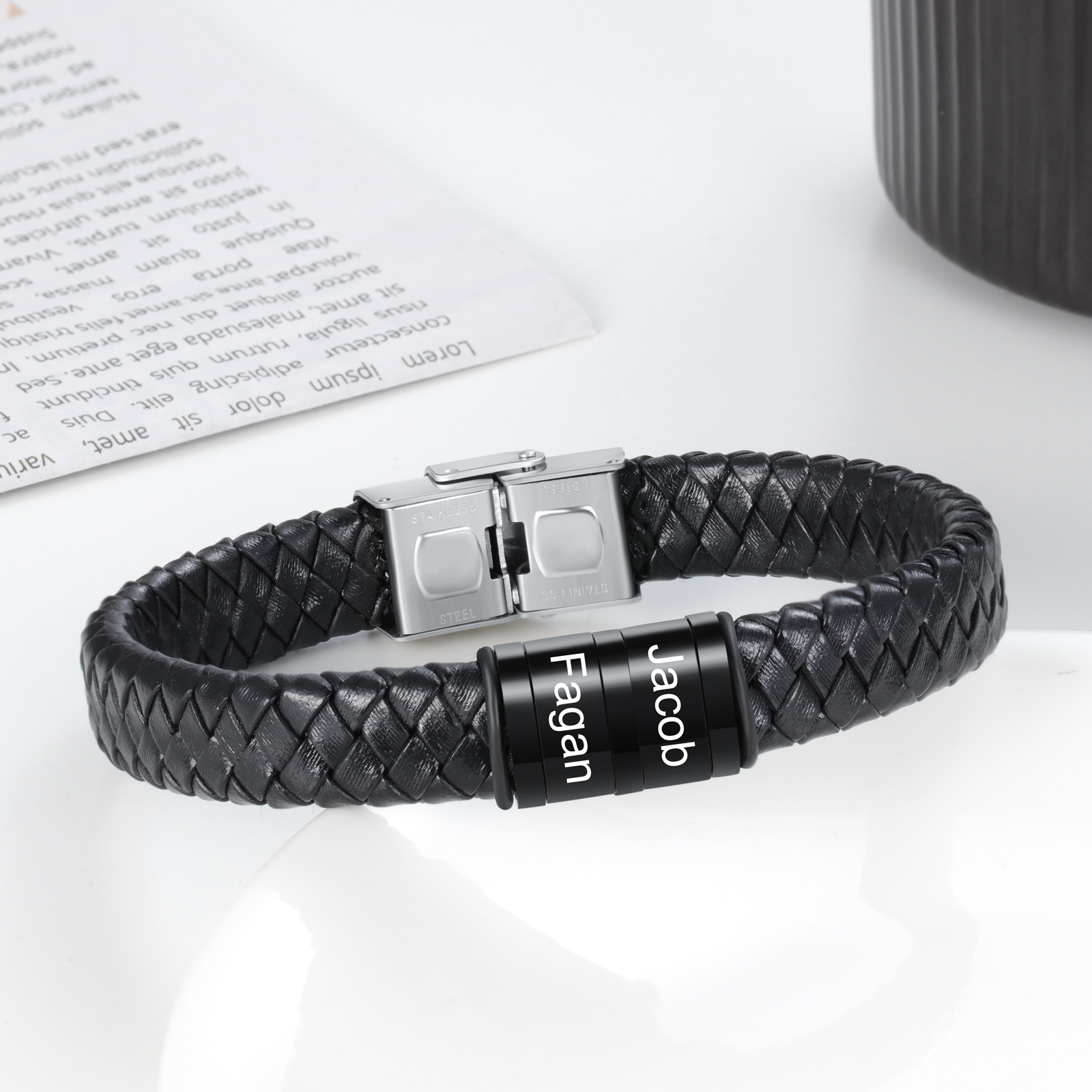 Men Leather Braided Bracelet Personalised with 2 Names Black-Jessemade AU