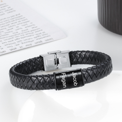 Men Leather Braided Bracelet Personalised with 2 Names Black-Jessemade AU