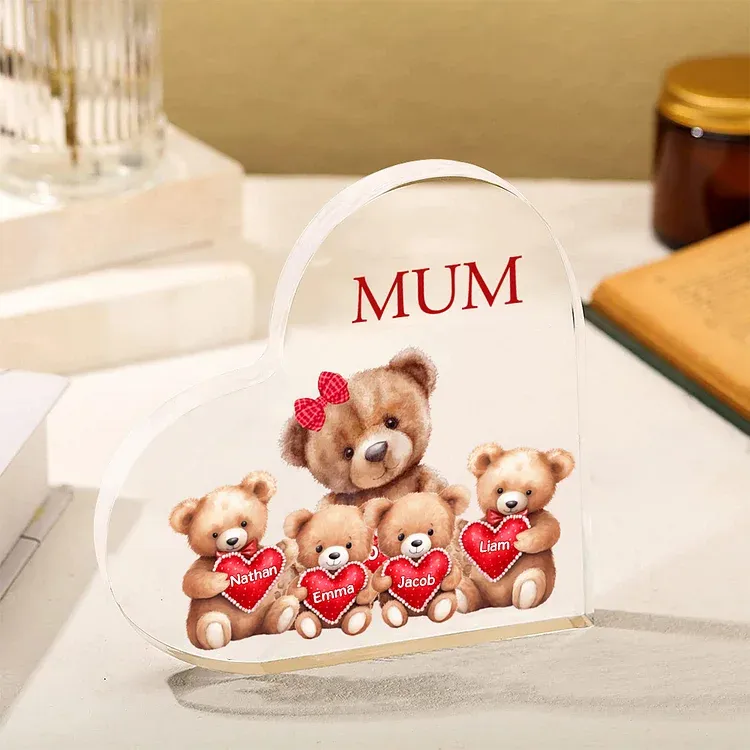 4 Names - Personalised Acrylic Heart Keepsake Custom Text Teddy Bear Ornaments Gifts for Grandma/Mother-Jessemade AU