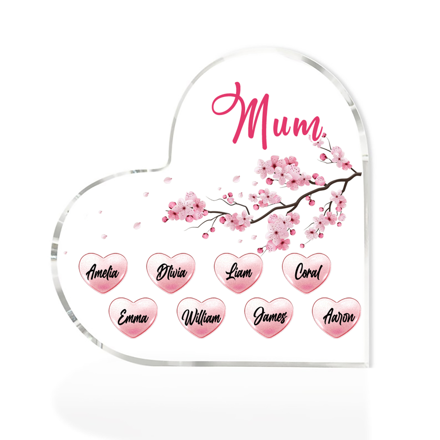 8 Names - Personalised Acrylic Heart Keepsake Custom Text Peach Blossom Ornaments Gifts for Grandma/Mother-Jessemade AU