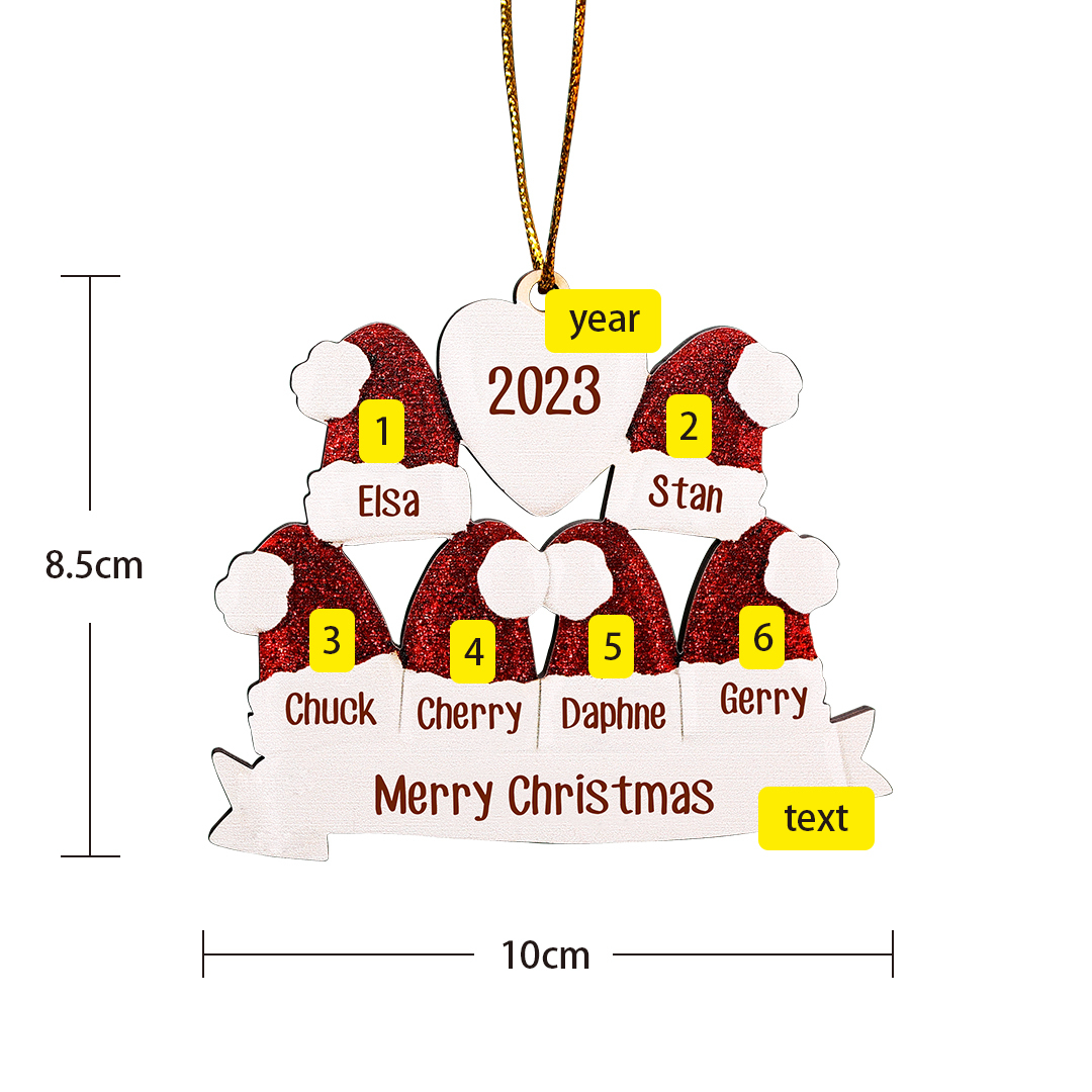 6 Names - Personalised Wooden Christmas Hat Ornaments Custom Text & Name & Year Xmas Pendant Gifts for Family-Jessemade AU
