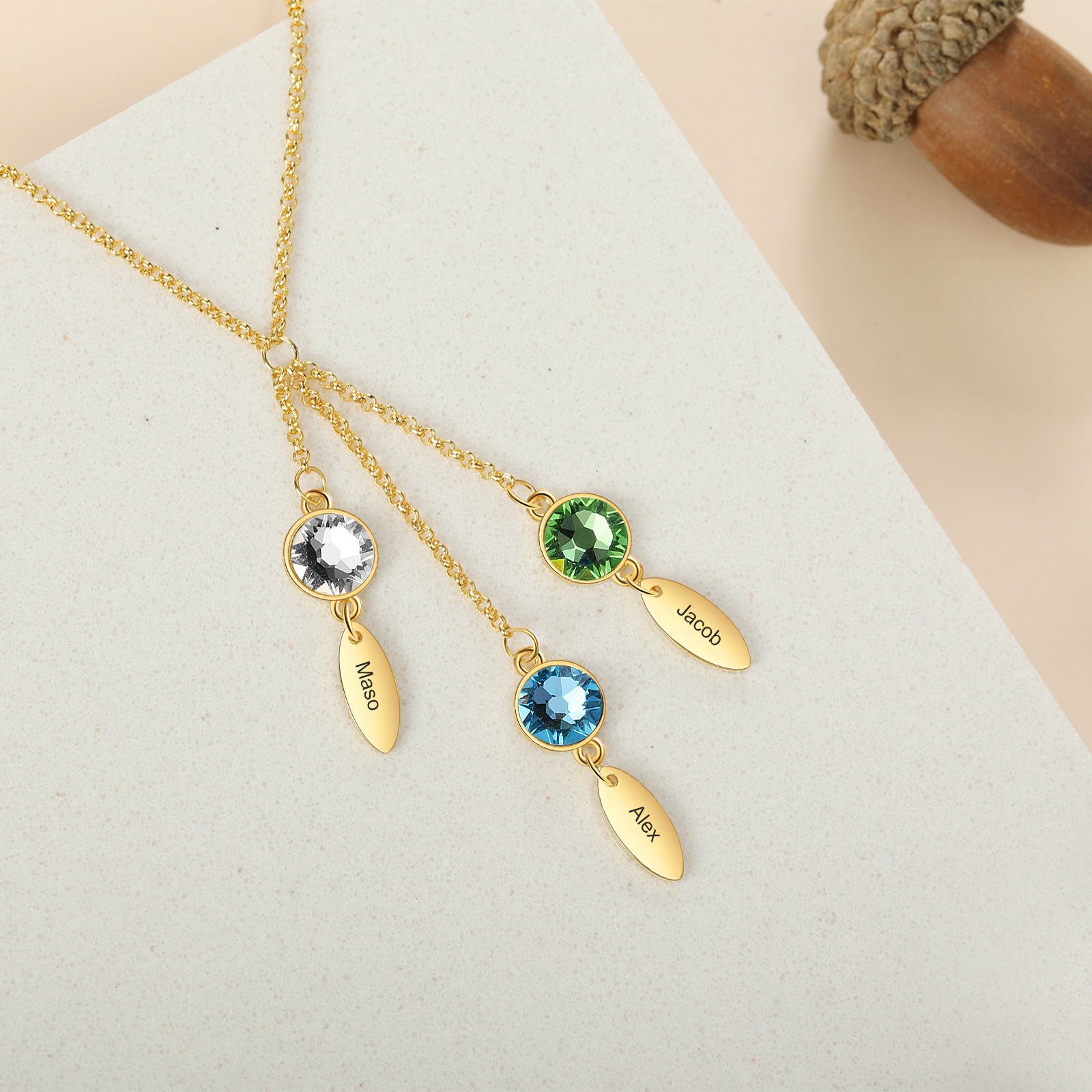 Personalised Bar Necklace With 3 Birthstones Engraved Names Necklace Best Gift For Mother-Jessemade AU