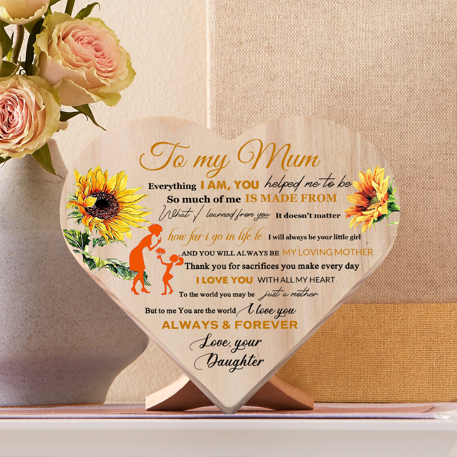 To My Mum "I Love You ALWAYS & FOREVER" Wooden Flowers Heart Keepsake Desktop Ornament-Jessemade AU