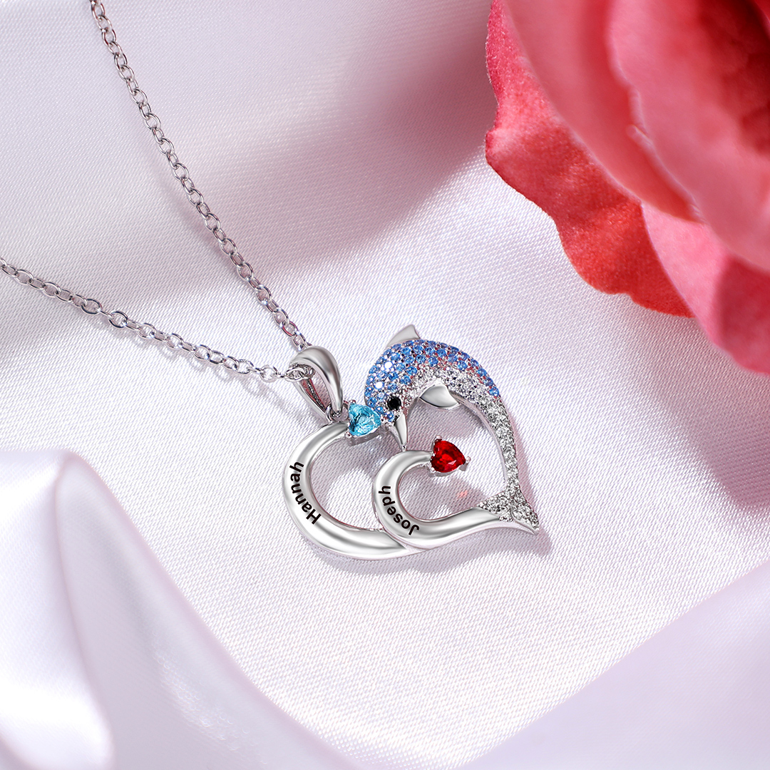 Personalised Heart Dolphin Necklace With 2 Birthstones Engraved Names Gift For Mum-Jessemade AU