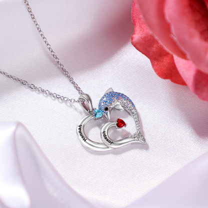 Personalised Heart Dolphin Necklace With 2 Birthstones Engraved Names Gift For Mum-Jessemade AU