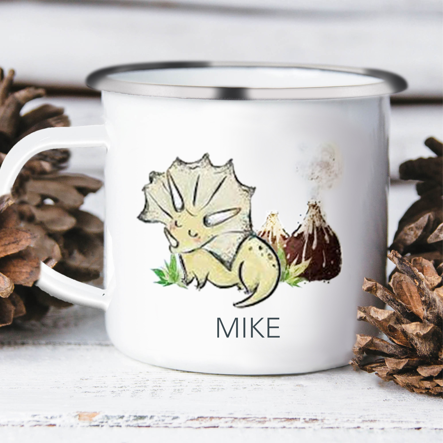 Personalised Enamel Mug Customised Name Dinosaur Cup Camping Mug Birthday Gift for Kids - Triceratops-Jessemade AU