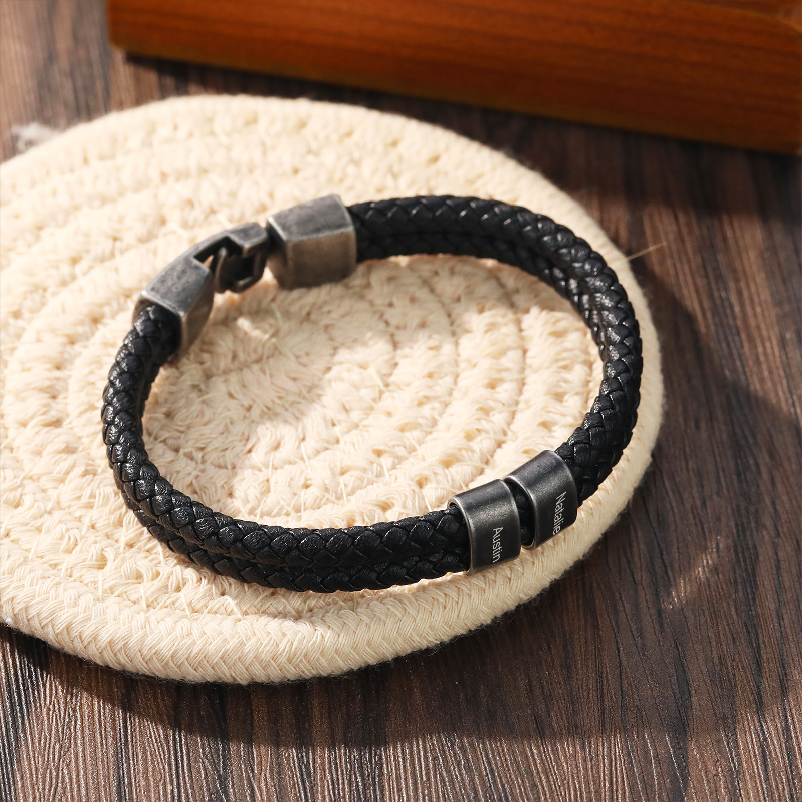 Personalised Retro Men Leather Bracelet with 2 Names Beaded Wrap Bracelet-Jessemade AU