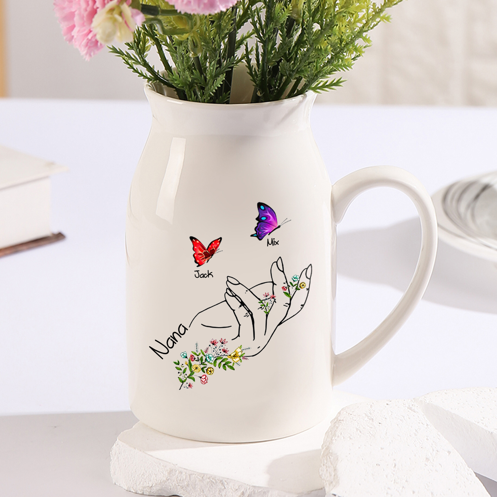 Personalised Ceramic Flower Vase Custom 2–8 Names & 1 Text Butterfly In Hand Vase Gift for Mother/Grandma-Jessemade AU