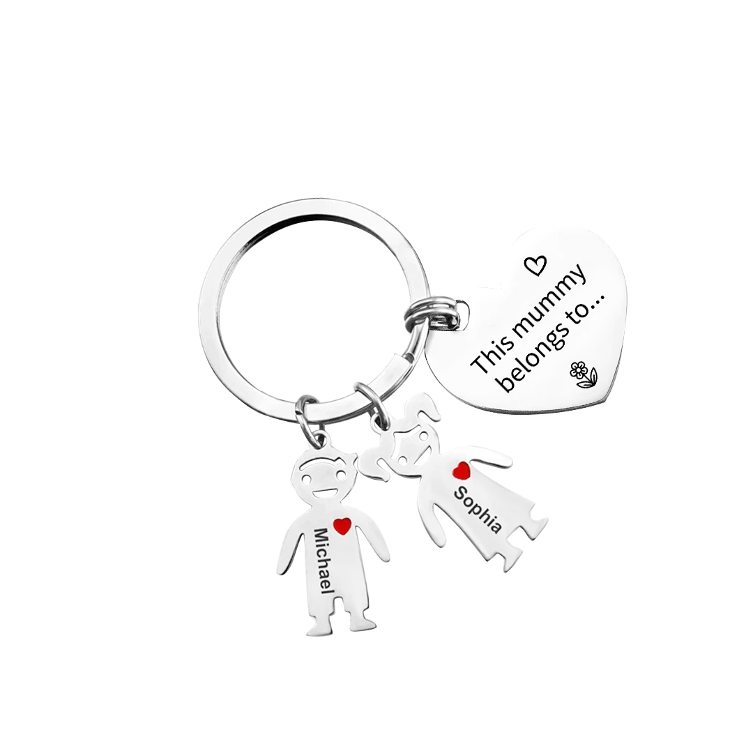 Personalised Heart Keychain With Engraved 2 Kid's Names Charms "This Mummy Belongs to" For Her Mother's Day Gifts for Mum -Jessemade AU
