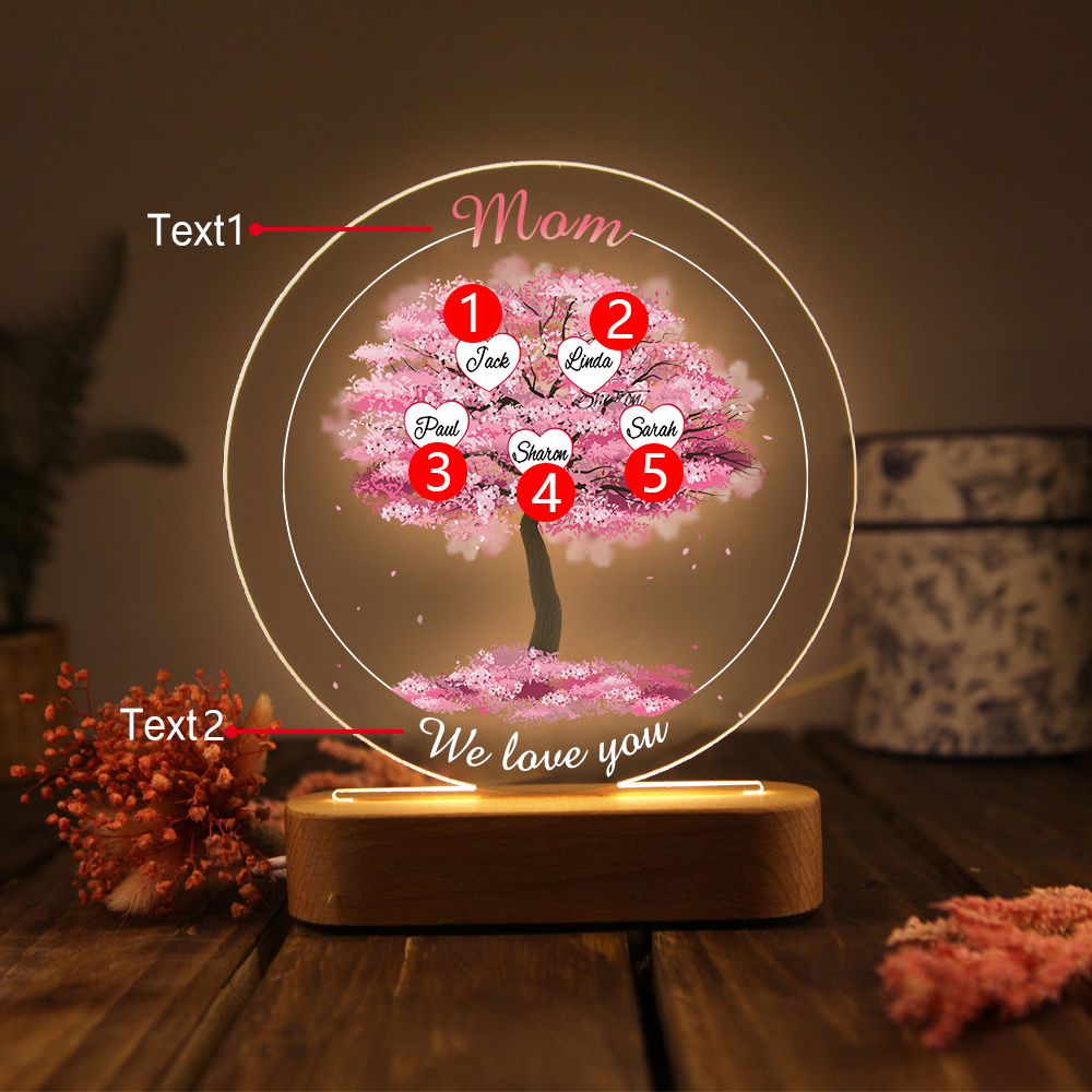 5 Names - Personalised Acrylic Night Light Custom 2 Texts Pink Family Tree LED Lamp Gifts for Mother/Grandma-Jessemade AU