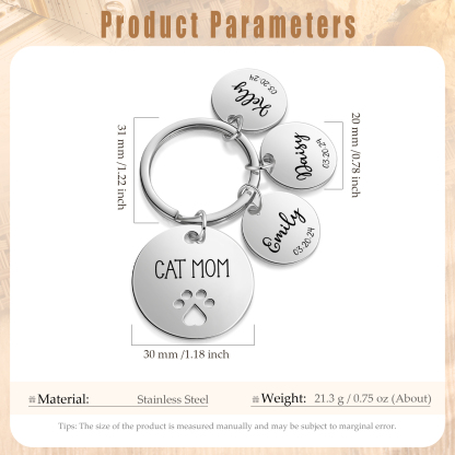 Personalised 3 Names & 3 Dates & 1 Text Keychain Cat Paw Circle Charm Keychain Gifts for Mother/Grandma-Jessemade AU